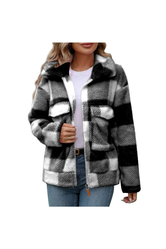 Plaid Sherpa Jackets for Women Fuzzy Fleece Winter Coats Laple Full Zip Shacket Casual Warm Teddy Coat Outwear Fashion Long Sleeve Gingham Cardigan(Black,M)