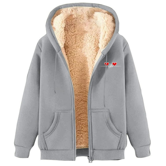 Bcresic Winter Hoodies Women Thick Sherpa Lined Jackets Fashion Full Zip up Thermal Coat Warm Fleece Sweatshirt Jacket 2025 Drawstring Pocket Letter Printed Coats(Gray,M)