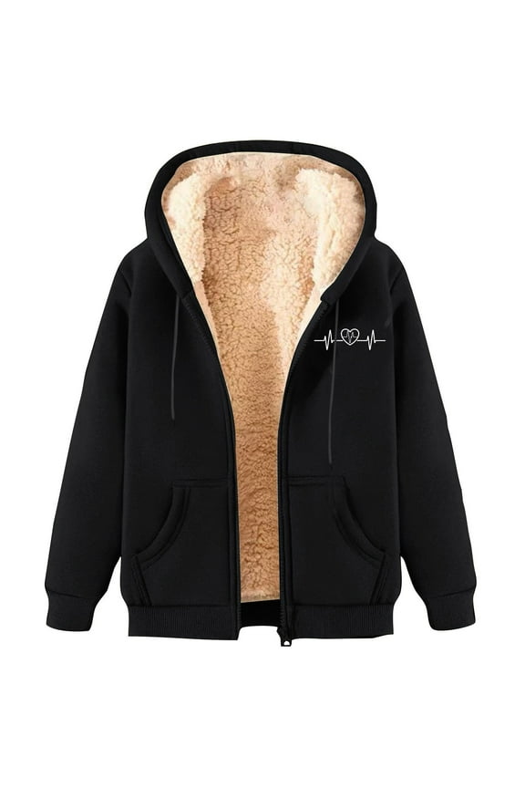 Women's Cute Heart Printed Hooded Jacket Full Zip Up Thermal Sweatshirt Coats Winter Warm Casual Pocket Jacket Thick Heavyweight Hooides Outwear(Black,M)