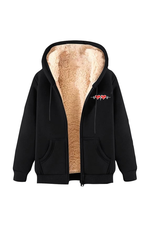 Womens Full Zip Fleece Jacket Cute Heart Printed Fashion Hoodies Coat Warm Sherpa Lined Sweatshirt 2025 Winter Thick Thermal Fuzzy Jackets with Pocket(Black,XXL)