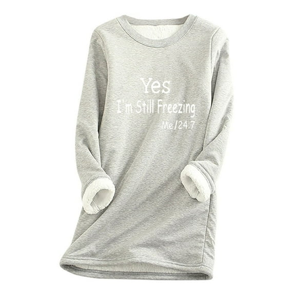 Bcresic Fleece Lined Sweatshirts for Women Crewneck Warm Sherpa Sweatshirt Pullover Funny Letter Printed Winter Thermal Underwear Loungewear(Gray,XXXL)
