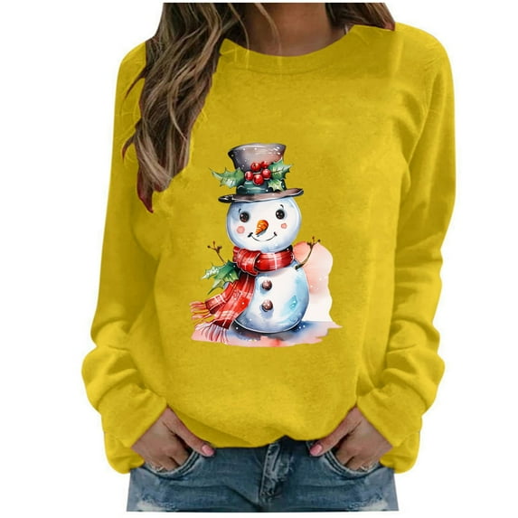 Bcresic Funny Snowman Sweatshirt for Women Classic Raglan Shirts Christmas Cute Graphic Printed Tunic Tops Pullover Long Sleeve Sweatshirts Trendy Xmas Holiday Blouse Outfits,#02_Yellow,Medium
