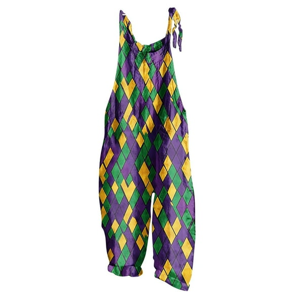 Bcresic Mardi Gras Jumpsuits Women Plaid Color Block Bodysuit Adjustable Strap Tops Casual Sleeveless Rompers Relaxed Fit Wide Leg Pants Carnival Holiday Costume,A01-Multicolor,XXL
