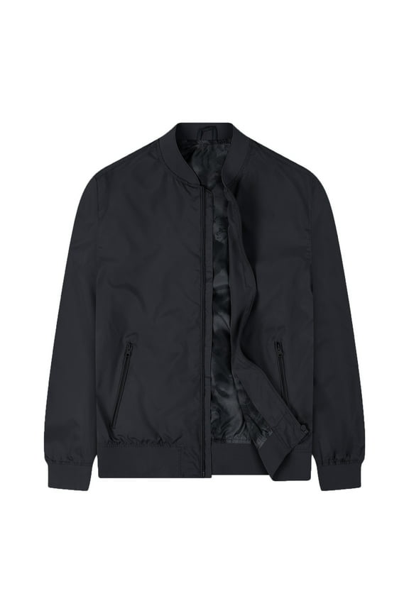 Men Bomber Jacket Lightweight Spring Fall Windbreaker Casual Solid Coats with Pocket Trendy Full Zip Comfy Warm Open Front Clothes Travel Hiking Fishing Outerwear,Black,Large