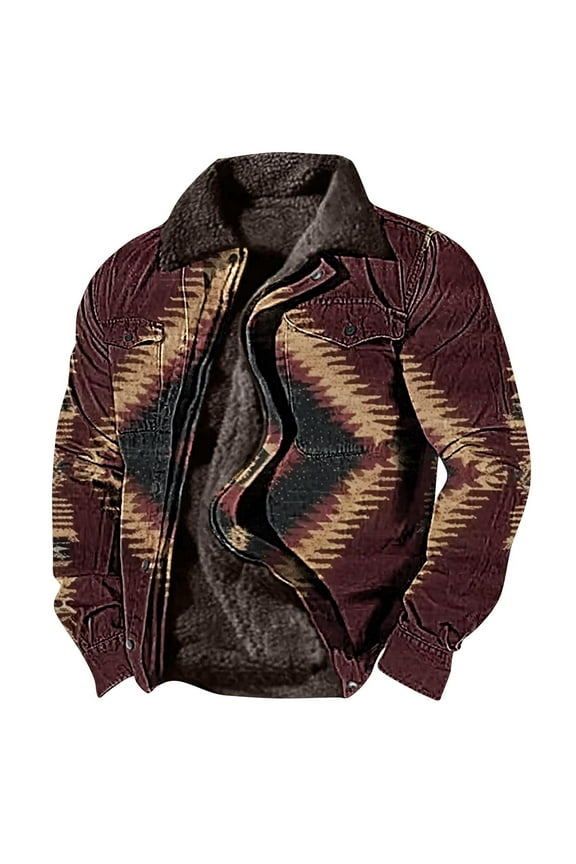 Men's Aztec Western Jackets Cowboy Winter Warm Sherpa Fleece Coats Retro Ethnic Vintage Coat Casual Long Sleeve Jacket with Pockets Winter Thermal Jackets,Brown 02,Large