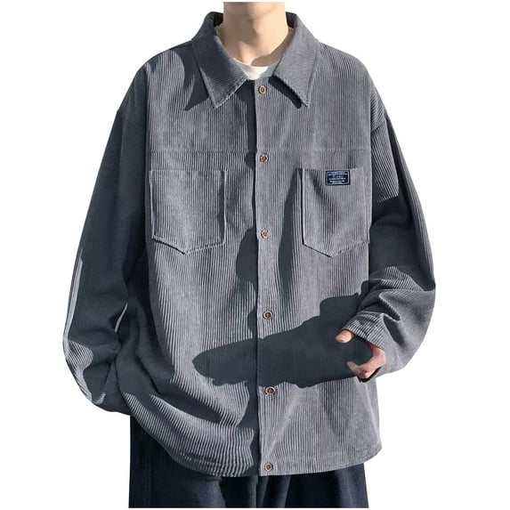 Bcresic Men's Corduroy Button Down Shirts Casual Long Sleeve Shacket Jacket with Pocket Solid Loose Oversize Tshirt Long Sleeves Lapel Blouses,Gray,X-Large