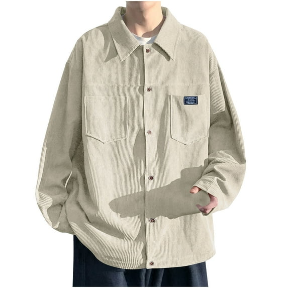 Bcresic Men's Corduroy Button Down Shirts Casual Long Sleeve Shacket Jacket with Pocket Solid Loose Oversize Tshirt Long Sleeves Lapel Blouses,Khaki,X-Large