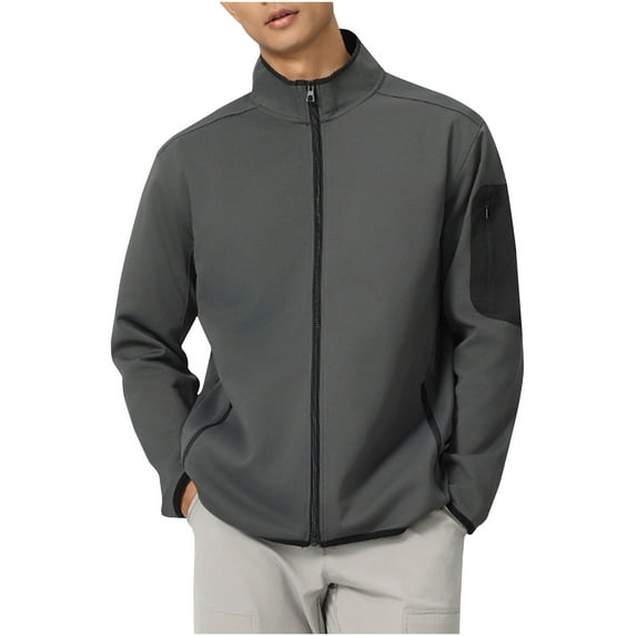 Bcresic Men's Fleece Full Zip Jacket Lightweight Stand Collar Jackets Trendy Soft Warm Windproof Coat Casual Solid Slim Fit Coats with Zipper Pockets Plus Size Tops,Gray,X-Large