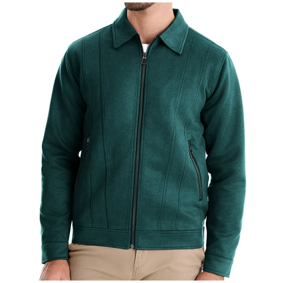 Bcresic Men's Leather Baseball Bomber Jacket Vintage Suede Solid Coats Mens Open Front Full Zipper Cargo Coat with Zip Pockets Basic Lapel Neck Clothes,Green,X-Large
