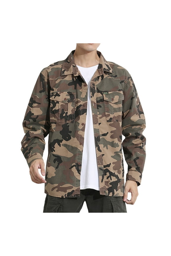 Men's Loose Fit Lightweight Sportswear Jackets Casual Fatigues Bomber Jacket Trendy Button Down Lapel Coats Long Sleeve Plus Size Clothing with Flap Pocket,Khaki,XX-Large