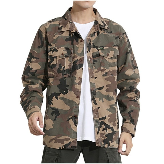 Bcresic Men's Loose Fit Lightweight Sportswear Jackets Casual Fatigues Bomber Jacket Trendy Button Down Lapel Coats Long Sleeve Plus Size Clothing with Flap Pocket,Khaki,XX-Large