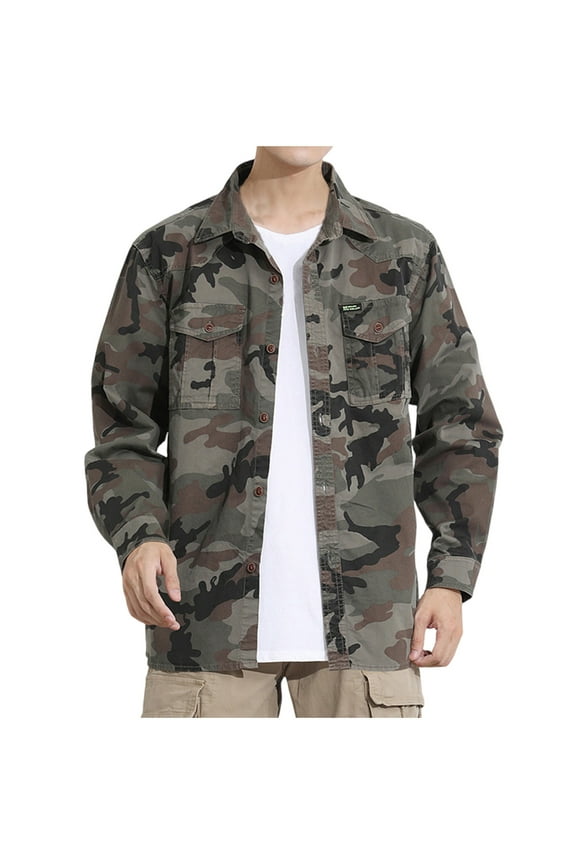 Men's Loose Fit Lightweight Sportswear Jackets Casual Fatigues Bomber Jacket Trendy Button Down Lapel Coats Long Sleeve Plus Size Clothing with Flap Pocket,Army Green,Large