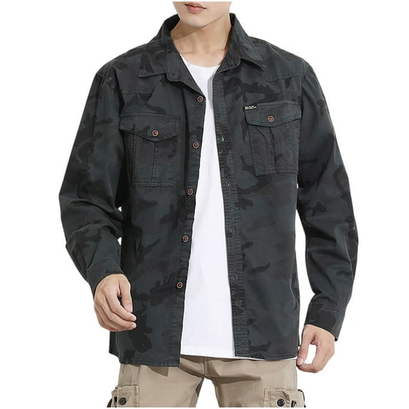Bcresic Men's Loose Fit Lightweight Sportswear Jackets Casual Fatigues Bomber Jacket Trendy Button Down Lapel Coats Long Sleeve Plus Size Clothing with Flap Pocket,Dark Gray,Medium