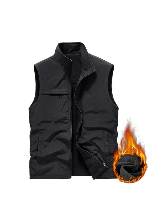 Men's Puffer Vest Warm Sleeveless Coats Fleece Quilted Vests with Pockets Soft Shell Solid Color Vest Trendy Full Zip Outdoor Waistcoat Jacket Hiking Fishing,Black,X-Large