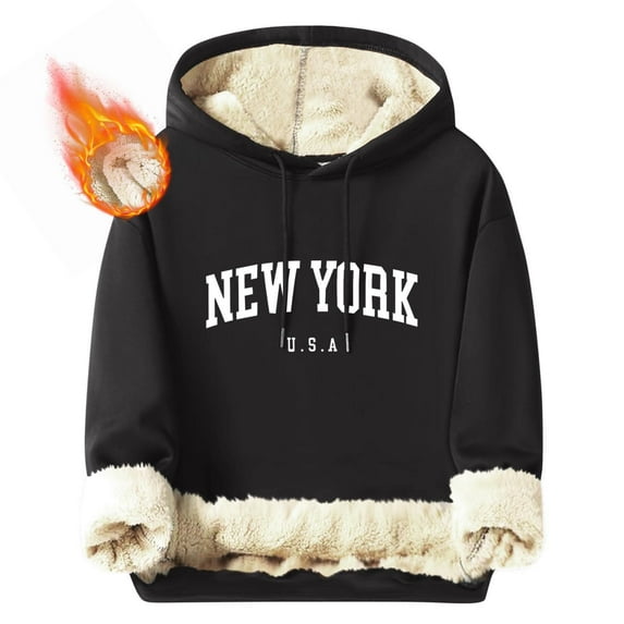 Bcresic Men's Pullover Hoodie Trendy Letter Print Sherpa Lined Warm Hooded Sweatshirts Windproof Winter Warm Fleece Hoodies Athletic Sweatshirt(Black,XL)