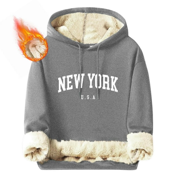 Bcresic Men's Pullover Hoodie Trendy Letter Print Sherpa Lined Warm Hooded Sweatshirts Windproof Winter Warm Fleece Hoodies Athletic Sweatshirt(Gray,L)