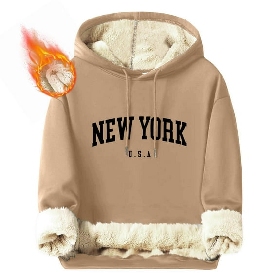 Bcresic Men's Pullover Hoodie Trendy Letter Print Sherpa Lined Warm Hooded Sweatshirts Windproof Winter Warm Fleece Hoodies Athletic Sweatshirt(Khaki,XXXL)