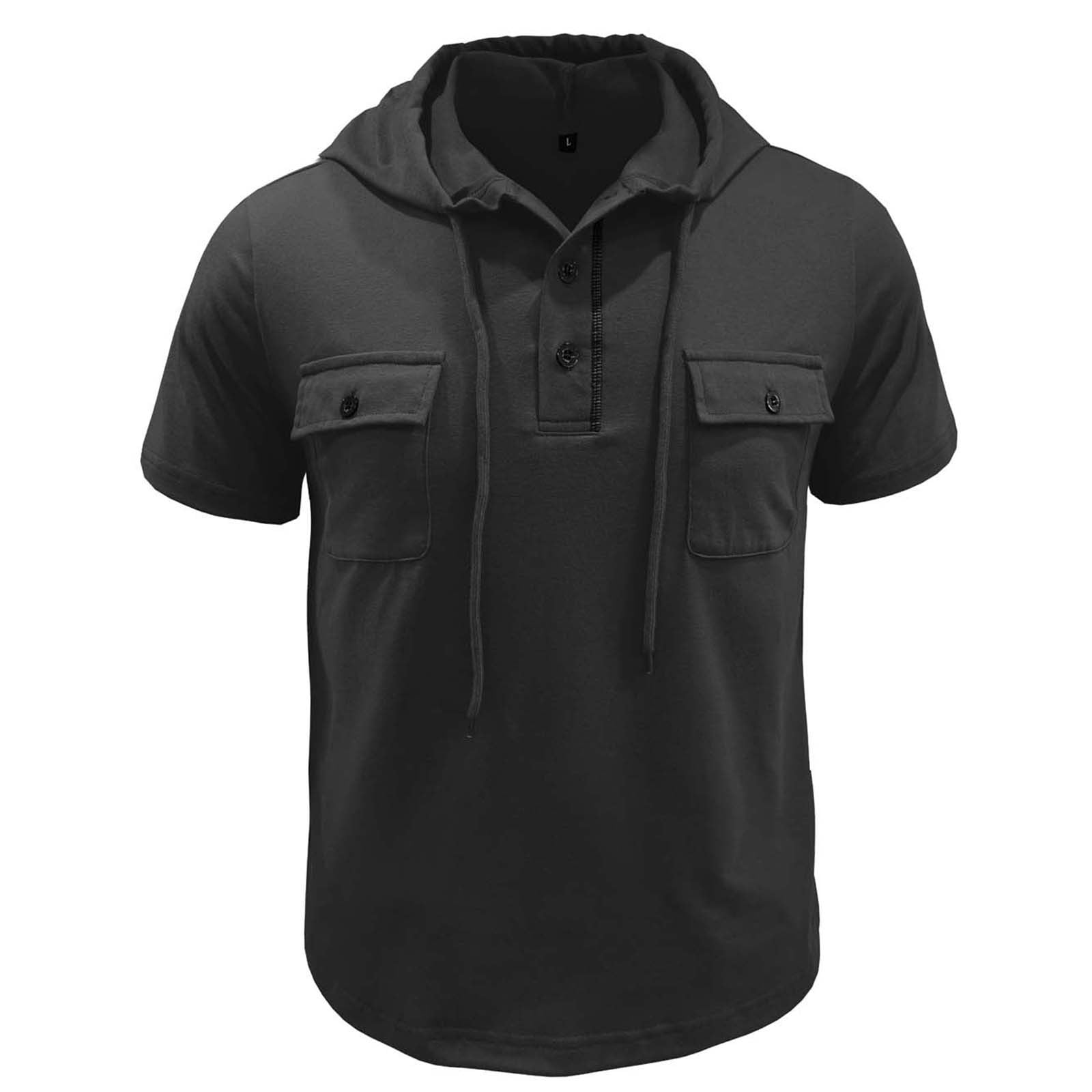 Bcresic Men's Short Sleeve Hoodie Button Hooded T-Shirts Drawstring ...