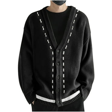 Bcresic Men's V Neck Cardigan Sweater Casual Lightweight Button Down Knitted Cardigan Sweaters Trendy Solid Cable Knit Oversize Loose Jacket Warm Long Sleeve Clothes,Black,Medium