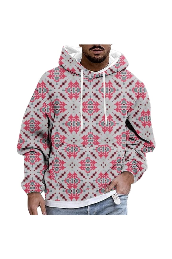 Mens Ethnic Printed Hoodies Long Sleeve Winter Fall Sweatshirt Native Style Graphic Pullover Hooded Fleece Drawstring Jumper Oversize Drop Shoulder Costume,Pink,3X-Large