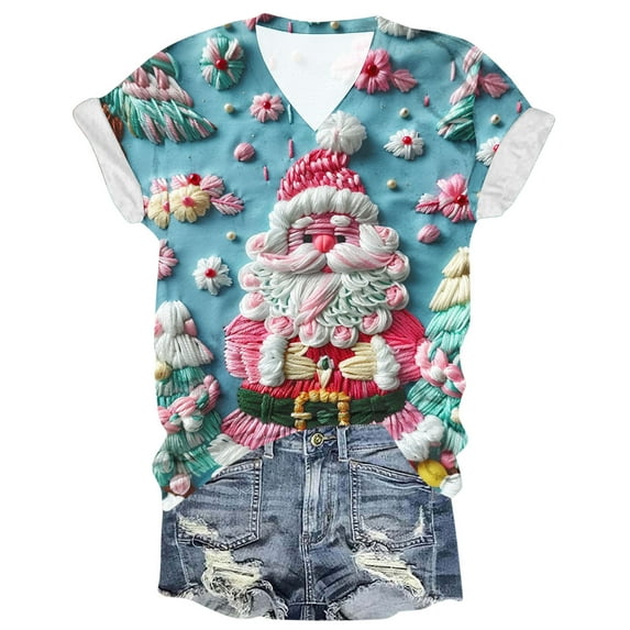 Bcresic Merry and Bright Christmas Shirts for Womens Light Strips Holiday Short Sleeve Tops Cute Xmas Tree Graphic T-Shirts Trendy V Neck Tunic Top Xmas Gifts Tshirt Blouses,#10_Light Blue,Large
