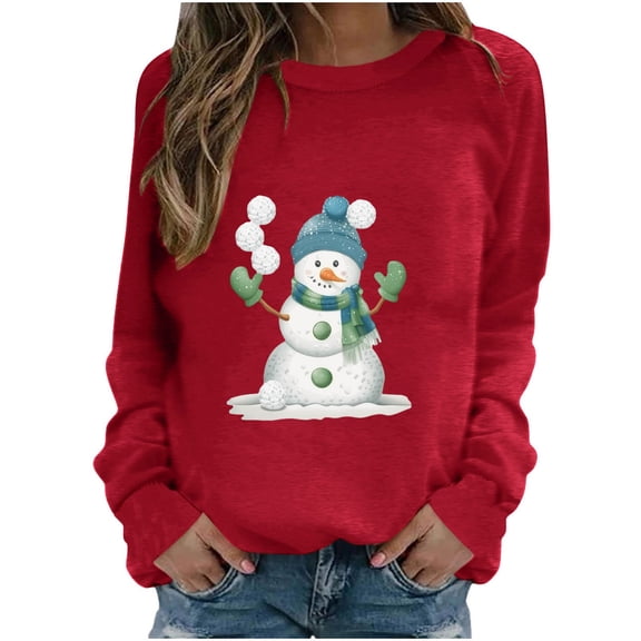 Bcresic Merry Christmas Shirt for Women Crewneck Funny Snowman Graphic Sweatshirt Casual Holiday Long Sleeve Tops Christmas Pullover Fleece Raglan Shirts Trendy Fall Sweaters 2026,#02_Red,Medium