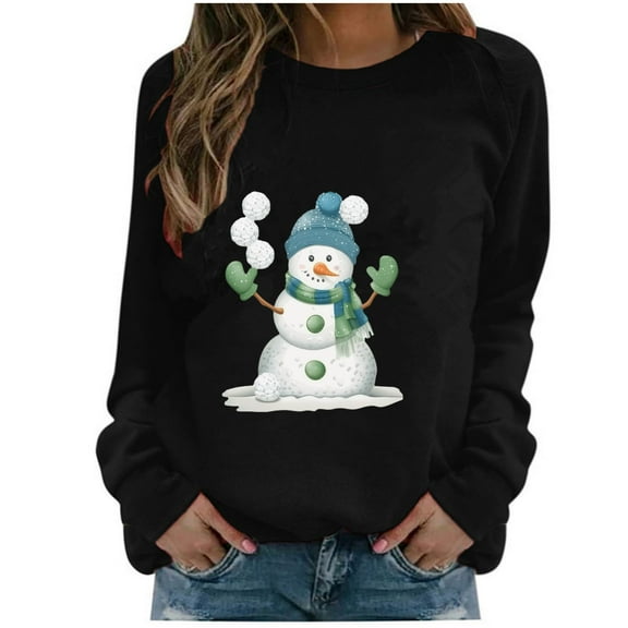 Bcresic Merry Christmas Shirt for Women Crewneck Funny Snowman Graphic Sweatshirt Casual Holiday Long Sleeve Tops Christmas Pullover Fleece Raglan Shirts Trendy Fall Sweaters 2026,#02_Black,Large
