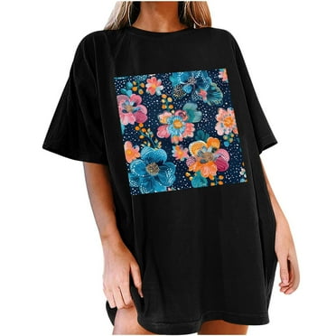 Bcresic Oversized T Shirts for Women Floral Graphic Tees Summer Casual Loose Fit Crewneck Blouses Trendy Short Sleeve Basic Clothes 2024 Drop Shoulder Tops,Black 01,Large