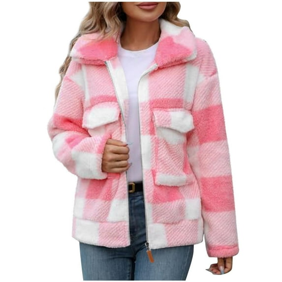 Bcresic Womens Fuzzy Fleece Jacket Color Block Cardigan Coats Lapel Outerwear Long Sleeve Jackets Ladies Elegant Coat with Pockets 2024 Fall Winter Clothes Clearance,Pink,X-Large