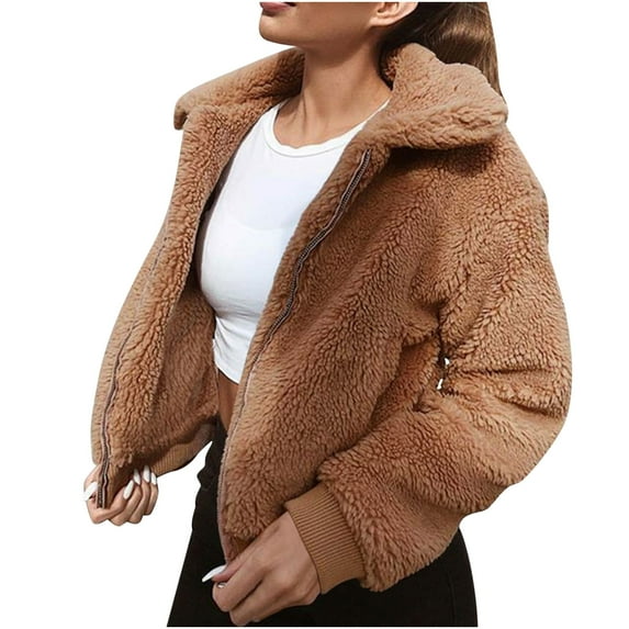 Bcresic Reduced,Women's Fuzze Cropped Jacket Sherpa Fleece Full Zip Coats Casual Puff Long Sleeve Jackets Winter Warm Outerwear Coat 2024 Fall Fashion Outfits(Brown,M)