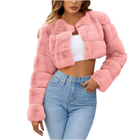 Bcresic Reduced,Women's Shaggy Furry Crop Jackets Elegant Crew Neck Cropped Winter Coat Fluffy Faux Fur Jacket Fashion Long Sleeve Fuzzy Outerwear(Pink,L)