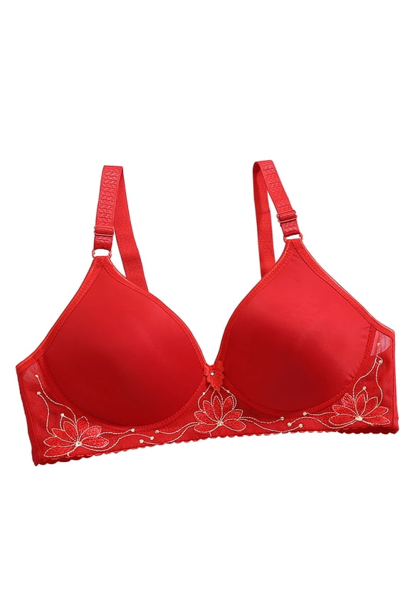 Bras for Women Floral Embroidery Bralette Wireless Seamless Lingerie Adjustable Strap Bralettes Hide Back Fat Underwear Red,X-Large