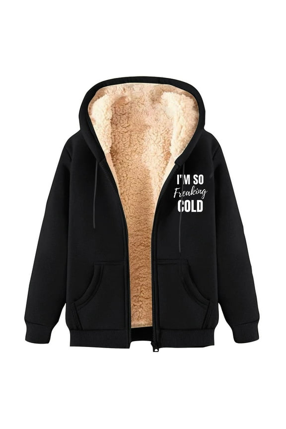 Saving,Fleece Lined Jacket Coat for Women Warm and Cozy Sherpa Lining Hoodie Sweatshirt Winter Fluffy Casual Hooded Jacket Full Zip Thick Fuzzy Insulated Coats(Black,L)