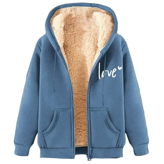 Bcresic Saving,Hooded Women Fleece Lined Jacket Thick Full Zip Sweater Coats Winter Sherpa Lined Sweatshirt Jackets Cute Love Letter Printed Thermal Jackets(Sky Blue,M)