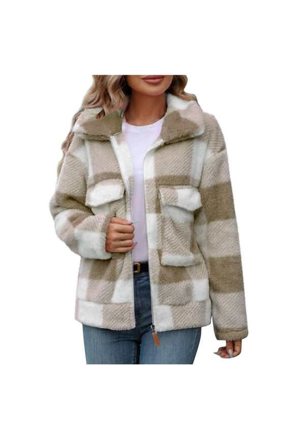 Saving,Plaid Sherpa Jackets for Women Fuzzy Fleece Winter Coats Laple Full Zip Shacket Casual Warm Teddy Coat Outwear Fashion Long Sleeve Gingham Cardigan(Khaki,M)