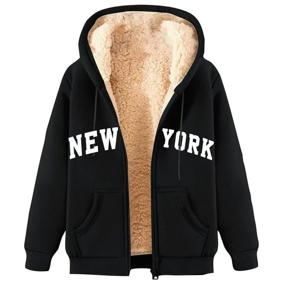 Bcresic Saving,Women's Casual Full Zip Up Jacket Sherpa Lined Hoodie Fashion Fleece Thicken Coat with Hood Winter Warm Jackets with Pocket(Black,XXL)