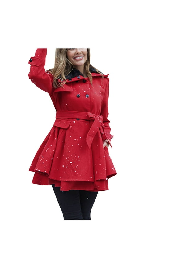 Saving Women's Fashion Faux Fur Lapel Trench Coat Double-Breasted Jacket Thick Wool Outerwear Winter Warm Jackets Long Sleeve Overcoat with Belt Plus Size Clearance,Red,Medium