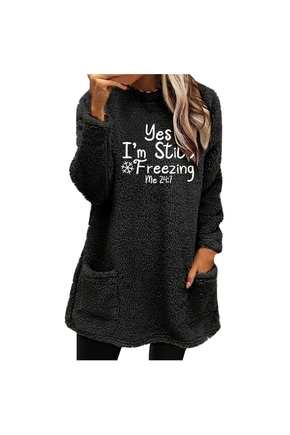 Sherpa Sweatshirt Dress for Women Funny Letter Printed Sweatshirts Cute Fuzzy Long Sleeve Pullover Casual Winter Warm Mini Sweater with Pockets(Black,XXXL)