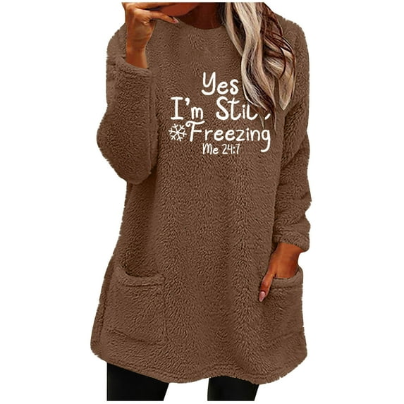 Bcresic Sherpa Sweatshirt Dress for Women Funny Letter Printed Sweatshirts Cute Fuzzy Long Sleeve Pullover Casual Winter Warm Mini Sweater with Pockets(Coffee,M)
