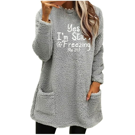 Bcresic Sherpa Sweatshirt Dress for Women Funny Letter Printed Sweatshirts Cute Fuzzy Long Sleeve Pullover Casual Winter Warm Mini Sweater with Pockets(Gray,S)