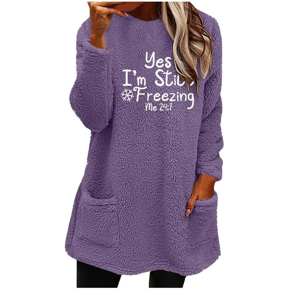 Bcresic Sherpa Sweatshirt Dress for Women Funny Letter Printed Sweatshirts Cute Fuzzy Long Sleeve Pullover Casual Winter Warm Mini Sweater with Pockets(Purple,XL)