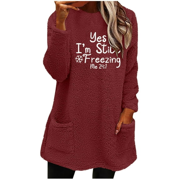 Bcresic Sherpa Sweatshirt Dress for Women Funny Letter Printed Sweatshirts Cute Fuzzy Long Sleeve Pullover Casual Winter Warm Mini Sweater with Pockets(Wine,XXL)