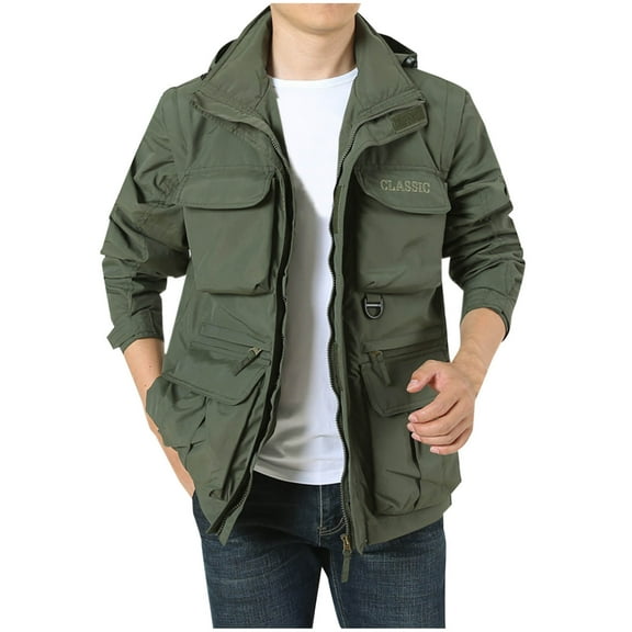 Bcresic Solid Jackets for Men Casual Full-zip Cargo Coat Trendy Long Sleeve Jacket with Removable Hooded Lightweight Outerwear Clothes,Army Green,Large