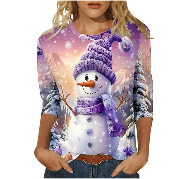 Bcresic Tops for Christmas Women Trendy 3/4 Sleeve Tshirts Cute Glitter Xmas Tree Basic Tee Casual Loose Round Neck Tunic Top Classic Printed Pullover Shirt Holiday Gifts Top,#07_Purple,XX-Large