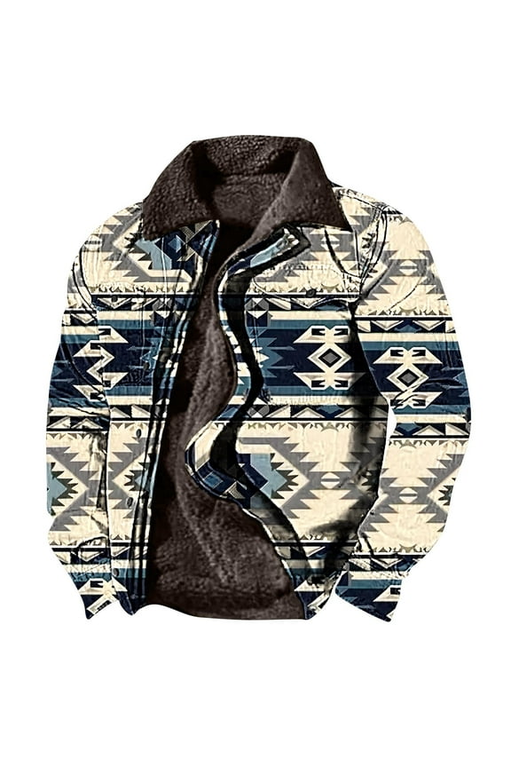 Vintage Aztec Western Printed Jackets Men Thermal Fleece Line Coat Casual Plus Size Turn-Down Collar Cargo Jacket with Pockets Full Zip Clothes for Teen,Beige,3X-Large
