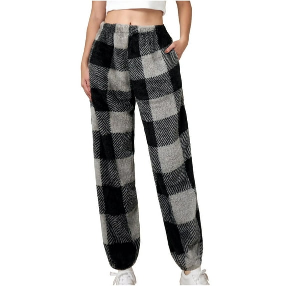 Bcresic Wide Leg Pants for Womens Fuzzy Fleece Trousers Gingham Plaid Slacks Elastic Waist Sweatpants Teen Girls Winter Warm Jogger Relaxed Fit Slacks Clearance Saving,Black,Medium