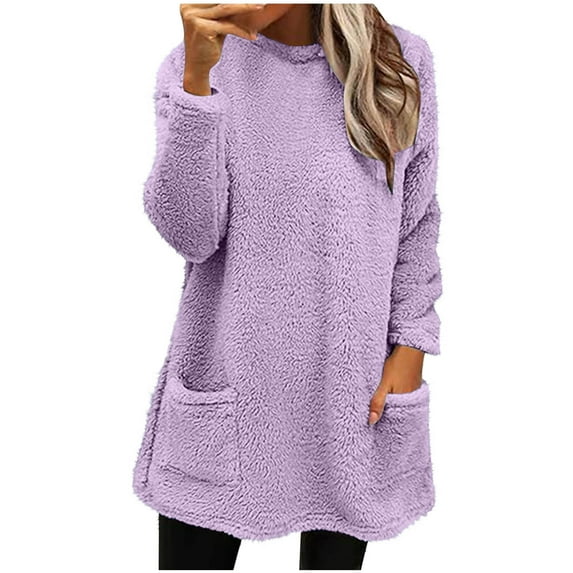 Bcresic Winter Fuzzy Sweatshirts for Women Casual Winter Warm Loungewear with Pocket Comfort Sherpa Lined Crewneck Pullover Clothes(Purple,L)
