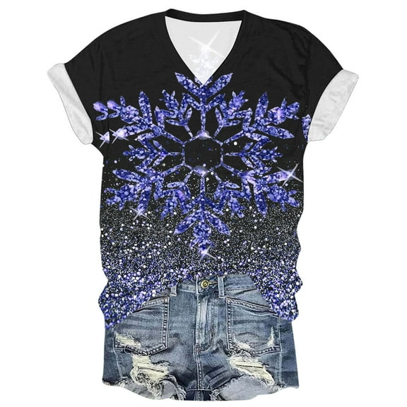 Bcresic Women Christmas Short Sleeve T-Shirts Cute Snowflake Graphic Shirts Glitter Gradient Printed Tshirt Top Casual V Neck Basic Tee Holiday Tees Xmas Gift Tops Christmas Clothes,Blue,Large