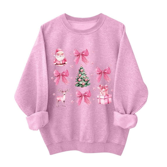 Bcresic Women Christmas Sweatshirts Cute Snowman Santa Hats Bowknot Graphic Pullover Fleece Sweatshirt Casual Crewneck Long Sleeve Sweaters Y2K Oversized Tops Xmas Holiday Clothes,01B_Pink,Small