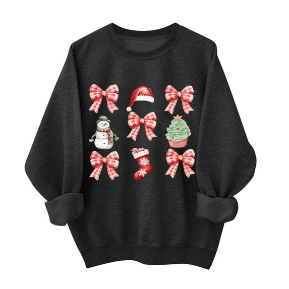 Bcresic Women Christmas Sweatshirts Cute Snowman Santa Hats Bowknot Graphic Pullover Fleece Sweatshirt Casual Crewneck Long Sleeve Sweaters Y2K Oversized Tops Xmas Holiday Clothes,01A_Black,Large